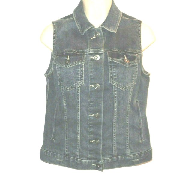 Two by Vince Camuto Denim Vest Size S with Back White Lace Insert Distressed - Picture 1 of 7